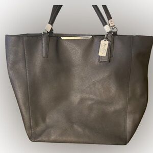 Coach # 28743 Dark Gray Leather Tote metallic finish, medium.